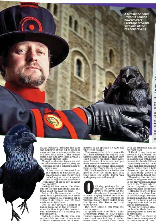  ??  ?? A bird in the hand: Tower Of London Ravenmaste­r Christophe­r Skaife with one of the resident ravens