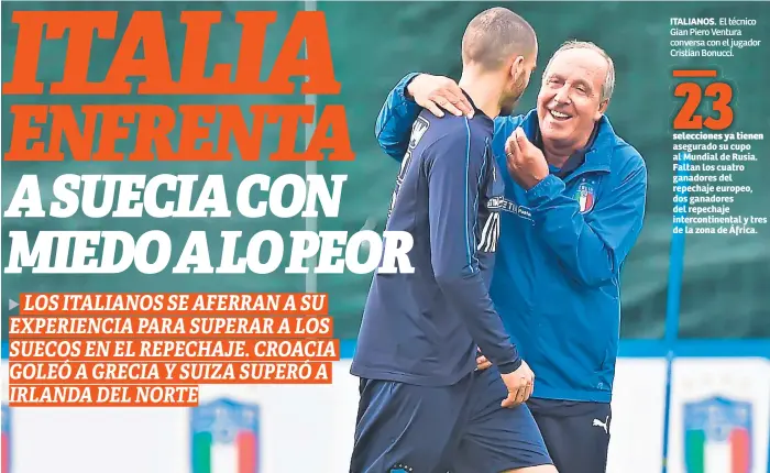  ??  ?? ITALIANOS. El técnico Gian Piero Ventura conversa con el jugador Cristian Bonucci.