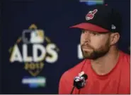  ?? DAVID DERMER — THE ASSOCIATED PRESS ?? Corey Kluber discusses his Game 2 starting assignment before the Indians opened their American League Division Series against the New York Yankees on Oct. 5 at Progressiv­e Field.