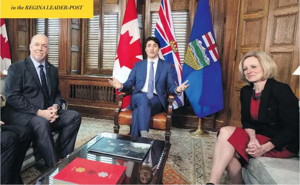  ?? JUSTIN TANG / THE CANADIAN PRESS ?? Prime Minister Justin Trudeau meets with B.C. Premier John Horgan and Alberta Premier Rachel Notley in his office Sunday in a bid to settle the deadlock over the Kinder Morgan Trans Mountain pipeline expansion. Trudeau said his government will be...