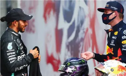  ??  ?? Lewis Hamilton and Max Verstappen exchange words after Sunday’s race. Photograph: Dan Istitene/Formula 1/Getty