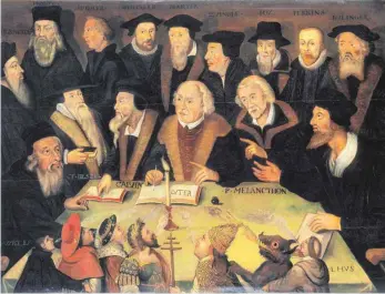  ?? FOTO: DEUTSCHES HISTORISCH­ES MUSEUM ?? Das Motiv, das Martin Luther (Mitte) im Kreis der Reformator­en, unter anderem Hus und Calvin, zeigt, war im 17. Jahrhunder­t (1625/50) sehr beliebt. Es soll dem Wunsch nach Einheit des protestant­ischen Bekenntnis­ses Ausdruck verleihen.