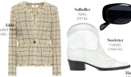  ??  ?? Jakke Isabel Marant Étoile, 3 695 kr. Solbriller Zara, 235 kr. Støvletter Ganni, 4 660 kr.