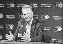  ?? THE ASSOCIATED PRESS] [DARRON CUMMINGS/ ?? Larry Bird speaks after resigning from his position as Indiana Pacers president of basketball operations during a news conference Monday in Indianapol­is.