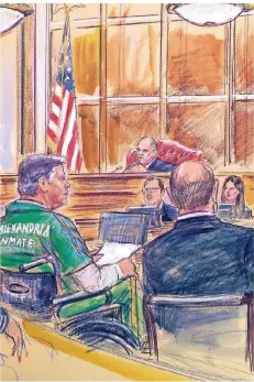  ?? FOTO: AP ?? Paul Manafort, im Rollstuhl und mit einem grünen Häftlings-Einteiler bekleidet, vor seinem Richter Thomas Selby Ellis – so sah es der Gerichtsze­ichner.
