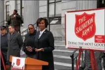  ?? SUBMITTTED PHOTO ?? Capt. Felicia Flora, who heads up The Salvation Army of Norristown with her husband Curtis, speaks at the Red Kettle Kick-Off celebratio­n at the Montgomery County Courthouse on Tuesday.