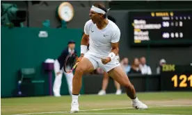  ?? The Guardian ?? Rafael Nadal pumps his fist after winning a point against Botic van de Zandschulp. Photograph: