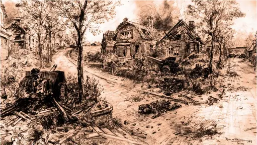  ?? (Courtesy of WR) ?? ■ A contempora­ry wartime illustrati­on graphicall­y depicting the last moments of Lance-Sergeant John Daniel Baskeyfiel­d’s epic stand at Arnhem. The artist, Bryan de Grineau, drew this impression of the feat about a week after it had happened. A War Artist, de Grineau was attached the British Second Army at Nijmegen and made this sketch whilst being advised by an airborne officer who had been present at the scene. De Grineau depicted Baskeyfiel­d at the moment he had just fired his last round at the self-propelled gun heading down Acacialaan. Immediatel­y afterwards, Baskeyfiel­d was killed by a shell fired by the Panzer further up the hill. In the roadway lies the body of a Para shot attempting to reach Baskeyfiel­d. The latter’s original 6-pounder can be seen across the road, pointing up Acacialaan before it was disabled. Before being swung round, this gun faced east up Benedendor­psweg – the armour it had knocked out or badly-damaged can be seen here on the facing page.