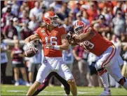  ?? AP ?? Clemson tackle Jackson Carman (79), after protecting quarterbac­k Trevor Lawrence for two years, has been invited to attend the NFL’s virtual combine.