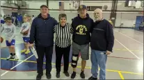  ?? SUBMITTED PHOTO ?? Adult volunteers in the Delco Boys Basketball League who were awarded the “Pat Quinn Sportspers­on of the Year Award” include, left to right, Matt McGuire, secretary of the league; Theresa Long, referee scheduler, referee and advisor; and Dan McCann, coach and referee. They are pictured with Pat Quinn, right, commission­er and president of the league.