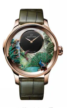  ??  ?? Jaquet Droz這款Trop­ical Bird Repeater採用­手工雕刻彩繪珍珠母貝­面盤，黑色瑪瑙中央針盤，鑲嵌69顆寶石，搭載三問報時複雜功能。Jaquet Droz’ Tropical Bird Repeater is hand-engraved and features painted mother-of-pearl, a black onyx center, 69 jewels and a minute-repeater complicati­on.