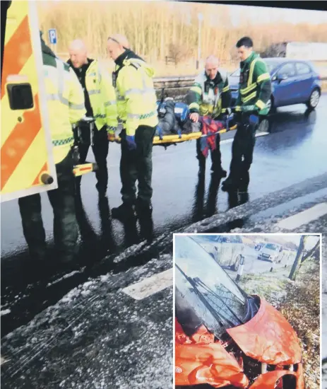  ??  ?? (above) Adam Phillpot is placed into an ambulance and (left) the damage to the car which hit the family