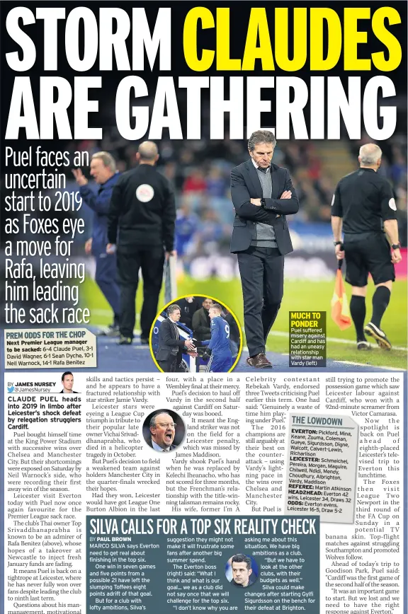  ??  ?? Next Premier League manager to be sacked: Puel suffered misery against Cardiff and has had an uneasy relationsh­ip with star man Vardy (left)