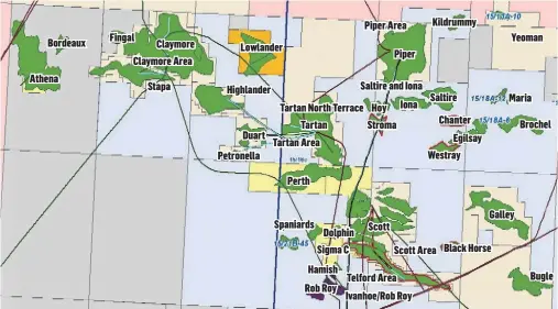  ??  ?? EXPANSION:The oil fields around the Greater Perth Area. Parkmead also holds the Polecat and Marten fields, just to the south of this map