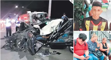  ?? FOTOS: EL HERALDO ?? (1) El carro propiedad de Ender Benítez quedó totalmente destruido y él dentro de la cabina del carro, ya sin vida. (2) El fallecido integró desde su niñez las reservas del Real España, institució­n a la que pretendía regresar. (3) Sus familiares lloraron amargament­e en las afueras de la morgue de San Pedro Sula.