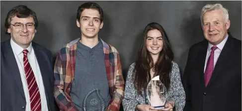  ??  ?? Irene Fuentes McDonnell and Daniel Danev winners of the Best Leaving Cert results for 2016 with Mr. John Halpin Principal and Mr. Fergus O’Dowd TD. Below: Jack Synott winner of the Student of the Year award, right: Transition Year students of the Year...