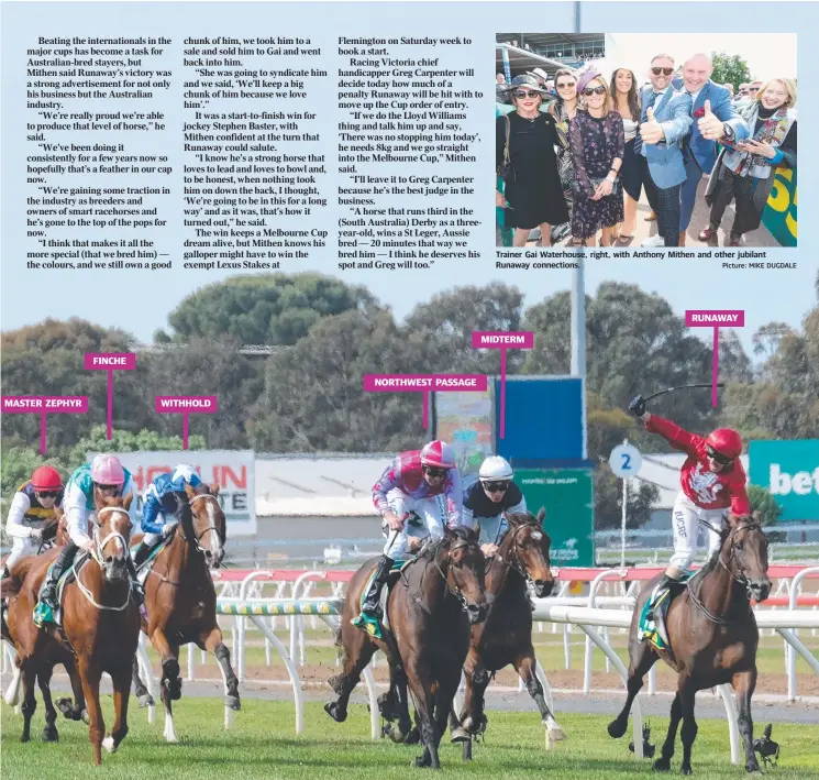  ?? Picture: MIKE DUGDALE ?? Trainer Gai Waterhouse, right, with Anthony Mithen and other jubilant Runaway connection­s.