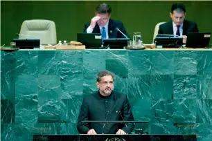  ?? AFP ?? Prime Minister Shahid Khaqan Abbasi addresses the UN General Assembly at the United Nations early on Friday in New York. —