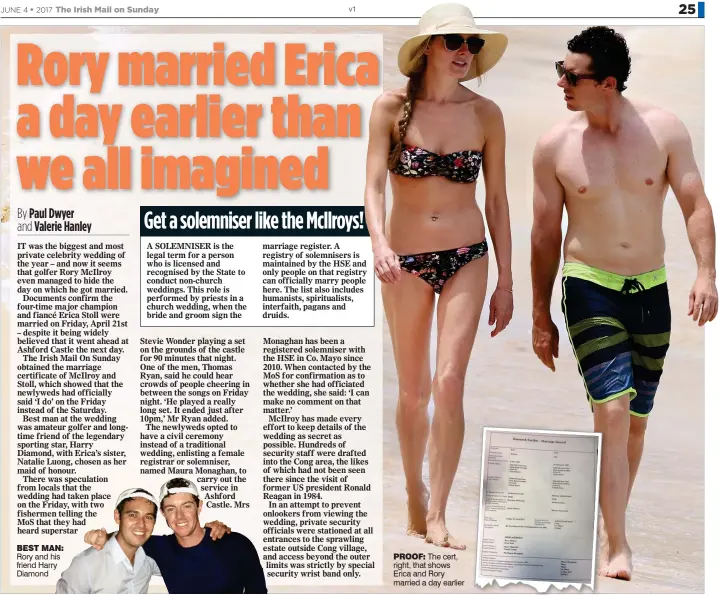  ??  ?? ProoF: The cert, right, that shows Erica and Rory married a day earlier BEsT MAn: Rory and his friend Harry Diamond