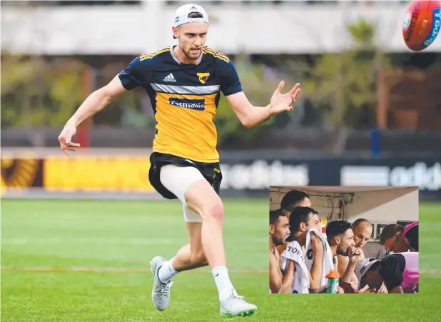  ??  ?? IN THE FRAME: Hawthorn forward Jack Gunston is training again after an injury (inset, centre) put him out of the preliminar­y final.