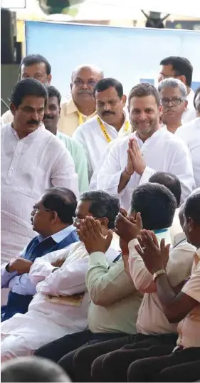  ??  ?? Congress president Rahul Gandhi greets employees of Hindustan Aeronautic­s Ltd (HAL) during an interactio­n with them, in Bengaluru yesterday.