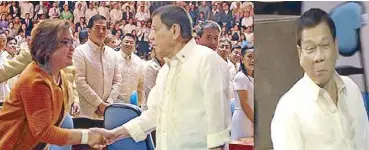  ??  ?? When Rody met Leila: “If we cannot as yet love one another then in God’s name let us not hate each other too much,” says President Rody Duterte who gave her a cute wink after.