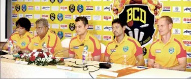  ??  ?? Headtable: (From Left) Rameez Raja, Team Mentor; Duleep Mendis, Team Manager and Director, BCD franchise; Charaan Shetty, Managing Director, Indian Cricket Dundee; Tilakeratn­e Dilshan, BCD Captain and Kepler Wessels, Team Coach.