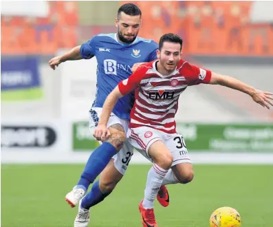  ??  ?? He’s behind you Steven Boyd tries to shield the ball from St Johnstone striker Tony Watt