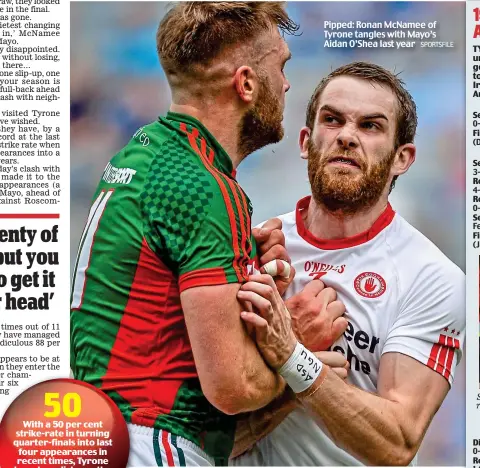  ?? SPORTSFILE ?? Pipped: Ronan McNamee of Tyrone tangles with Mayo’s Aidan O’Shea last year