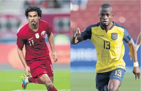  ?? ?? KEY PLAYERS: Qatar’s Akram Afif, left, and Enner Valencia will meet in the opening match of the 2022 World Cup at the Al Bayt Stadium in Qatar today.