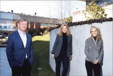  ?? Tyler Sizemore / Hearst Connecticu­t Media file photo ?? Oak HC/FT co-founders and managing partners Andrew Adams, left, Patricia Kemp, center, and Annie Lamont pose outside the Oak HC/FT offices at Pickwick Plaza in downtown Greenwich on March 8. The Greenwich-based venture capital firm invests in early to growth stage health care and financial technology companies.