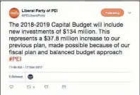  ?? SCREENSHOT IMAGE ?? This is a screengrab of a tweet issued Friday from the Liberal Party of P.E.I’s Twitter account.