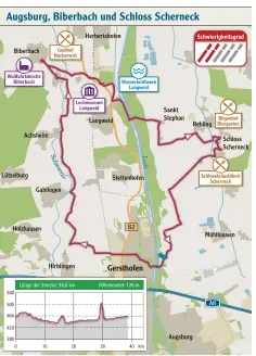  ?? Grafik: P. Bauer/Christian Beinhofer ?? Rund 39 Kilometer lang ist unsere Runde. Wir haben sie wegen der vielen Feldwege als Trekkingbi­ke-Tour eingestuft. Sie kann aber auch gut mit einem Tourenrad gefahren werden. Zu empfehlen ist ein griffiges Profil.