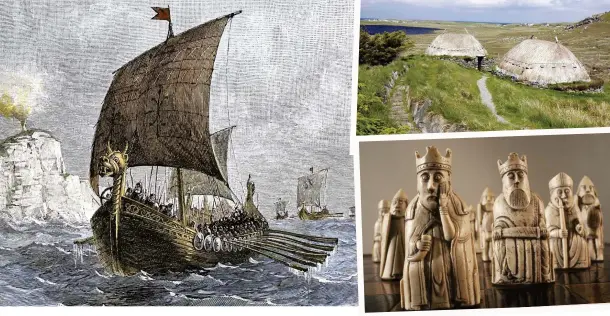  ??  ?? CLOCKWISE FROM ABOVE Terror from the sea – Viking raiders depicted in a Victorian illustrati­on; a reconstruc­ted medieval croft on Lewis; the Lewis Chessmen – a walrus ivory wonder of the Viking Age BELOW A Norse bone and deer antler comb and case from the Viking settlement at York