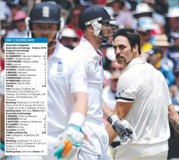  ?? Picture: SARAH REED ?? Mitchell Johnson stares at James Anderson after dismissing the England fast bowler first ball at the Adelaide Oval yesterday