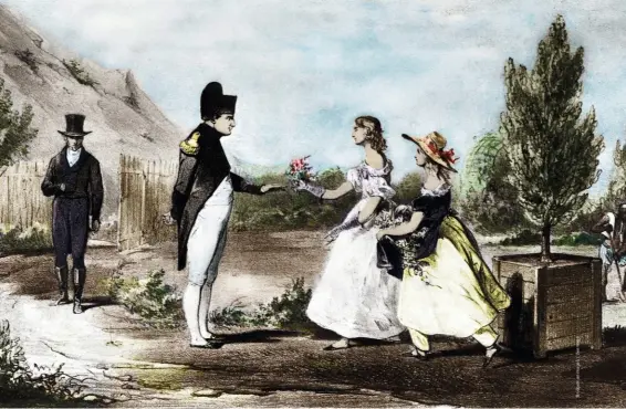  ??  ?? L’ancien empereur Napoléon Ier en exil à Sainte-Hélène (1815-1821) en compagnie des demoiselle­s Balcombe, gravure.