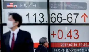  ?? — AP ?? People walk past an electronic stock board showing the day’s ongoing exchange rate between US dollar and Japanese yen at a securities firm in Tokyo on Friday.