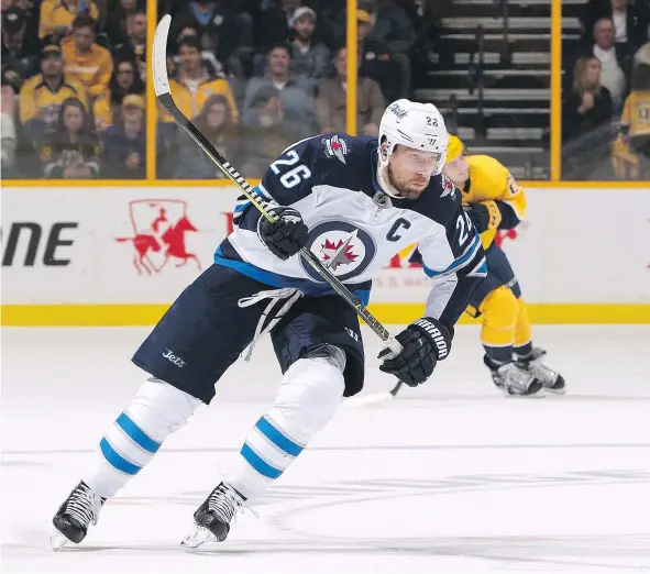  ?? — GETTY IMAGES FILES ?? Blake Wheeler of the Winnipeg Jets is fifth in NHL scoring with 41 points but his work ethic, leadership and durability are taking the Jets’ talented young roster to new heights. Wheeler is considered one of the most underrated players in the NHL.