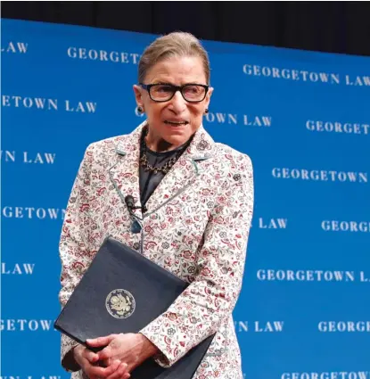  ?? AP FILE PHOTO ?? Supreme Court Justice Ruth Bader Ginsburg leaves the stage in September 2018 after speaking to first-year students at Georgetown Law in Washington, D.C.