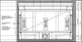  ??  ?? Planning for sPectacula­r results: Wavetrain’s elevation diagram of the screen area. the walls and curtain are acoustical­ly transparen­t materials set into the timber frames, allowing the speakers, subwoofers & acoustic treatments to be mounted into the...