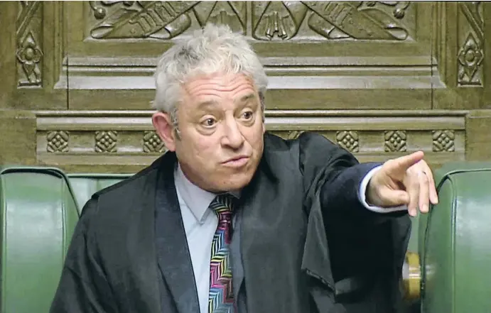  ?? REUTERS TV / REUTERS ?? El speaker de la Cámara de los Comunes, John Bercow, durante la sesión parlamenta­ria en que se votó el acuerdo de retirada de la UE