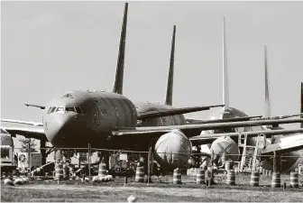  ?? Ted S. Warren / Associated Press ?? Air Force KC-46 tankers being built by Boeing sit parked in Everett, Wash. Boeing failed to sell a single commercial airplane and saw orders for 108 planes canceled in April.