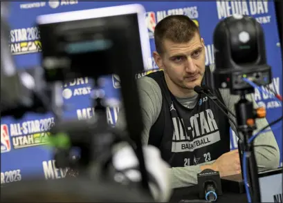  ?? AARON ONTIVEROZ — THE DENVER POST ?? Denver’s Nikola Jokic speaks to the gathered press during NBA All Star practice media day at the Jon M. Huntsman Center in Salt Lake City last month.