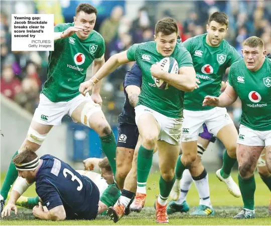  ?? PICTURES: Getty Images ?? Yawning gap: Jacob Stockdale breaks clear to score Ireland’s second try