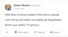  ?? AP ?? OMINOUS POST: Suspect Robert Bowers reportedly posted in the social media website Gab just before yesterday’s shooting at a Pittsburgh synagogue.