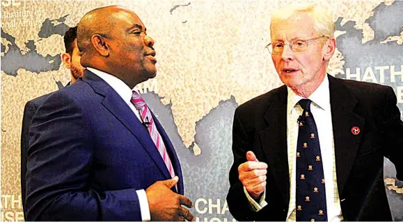  ??  ?? Rivers State Governor Nyesom Wike (right) with former British High Commission­er to Nigeria, Ambassador Richard Gozney, after Wike delivered a lecture at Chatham House in London …yesterday.