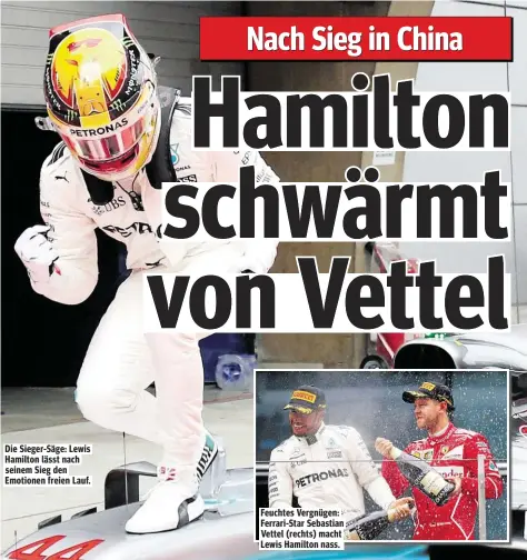  ??  ?? Die Sieger-Säge: Lewis Hamilton lässt nach seinem Sieg den Emotionen freien Lauf. Feuchtes Vergnügen: Ferrari-Star Sebastian Vettel (rechts) macht Lewis Hamilton nass.