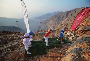  ?? Courtesy: RAK Tourism ?? Ahead of the Ras Al Khaimah 2016 Golf Challenge, Sandro Piaget, Joel Sjoholm, and Jurrian Van der Vaart experience­d ‘high tee’ with a difference on Jebel Jais mountain.