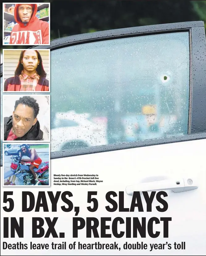  ??  ?? Bloody five-day stretch from Wednesday to Sunday in the Bronx’s 47th Precinct left five dead, including, from top, Richard Black, Wayne Heslop, Wray Harding and Wesley Parnell.
