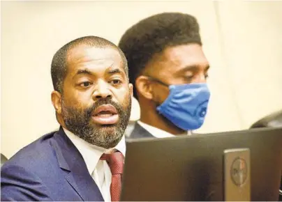  ?? JERRY JACKSON/BALTIMORE SUN ?? Baltimore City Council President Nick Mosby publicly apologizes during a Board of Estimates meeting Wednesday for the unruly behavior of some participan­ts at a council meeting held Tuesday night. Mayor Brandon Scott is sitting next to him.